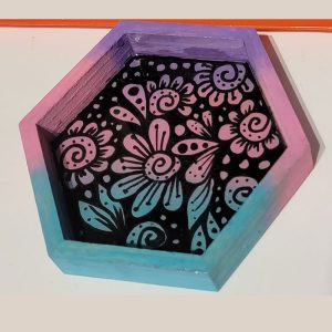 Painted wood with hand drawn mandala design resin coated